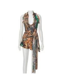 Ribbons Leopard Halter Backless Mini Dress -BreezeWear Store P 20240614180427862 839