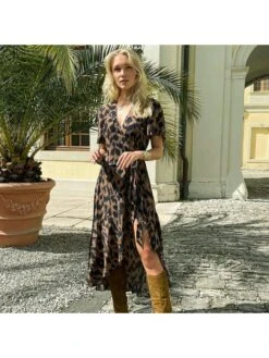 Leopard Irregular V Neck Short Sleeve Dress