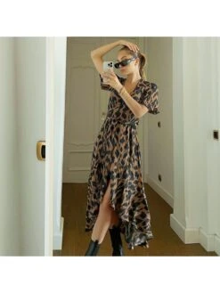 Leopard Irregular V Neck Short Sleeve Dress -BreezeWear Store P 20240617113611020 417