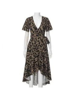 Leopard Irregular V Neck Short Sleeve Dress -BreezeWear Store P 20240617113612663 765