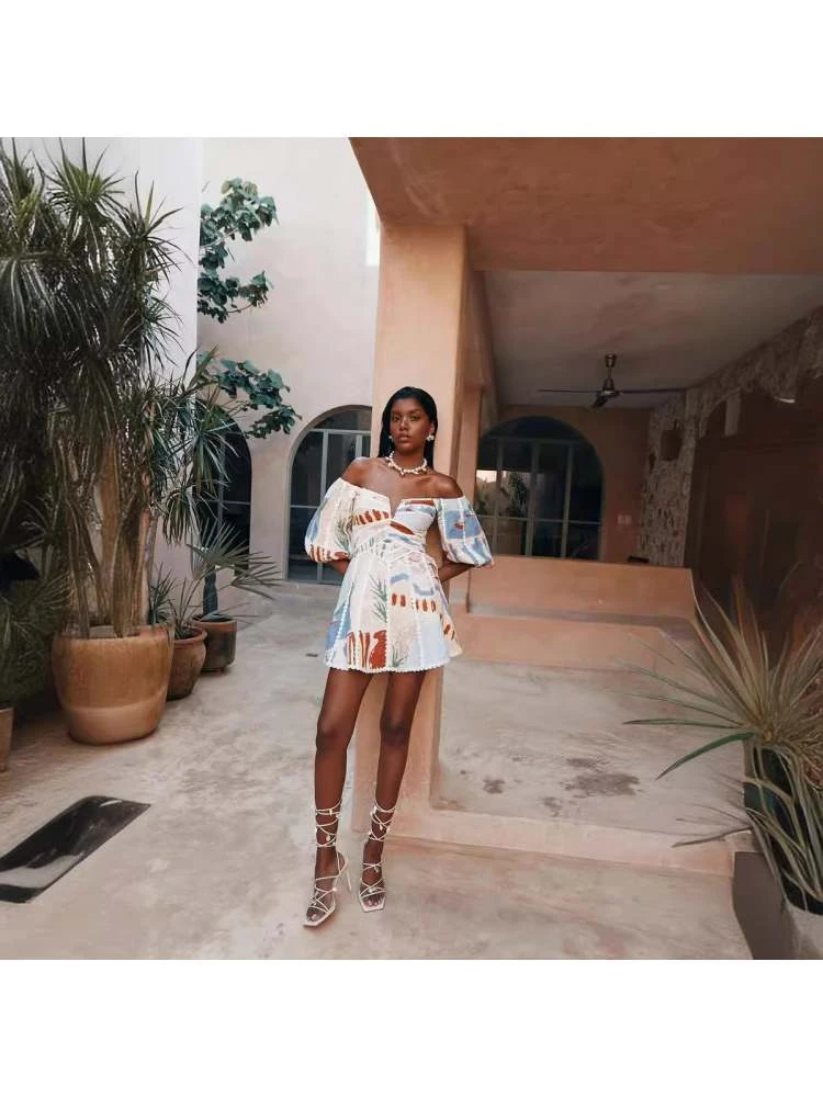 Colorblock Print Lacework Puff Sleeve A-line Dress 3 Colorblock Print Lacework Puff Sleeve A-line Dress