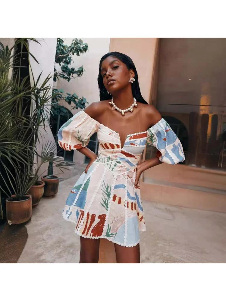 Colorblock Print Lacework Puff Sleeve A-line Dress 4 Colorblock Print Lacework Puff Sleeve A-line Dress - Image 2