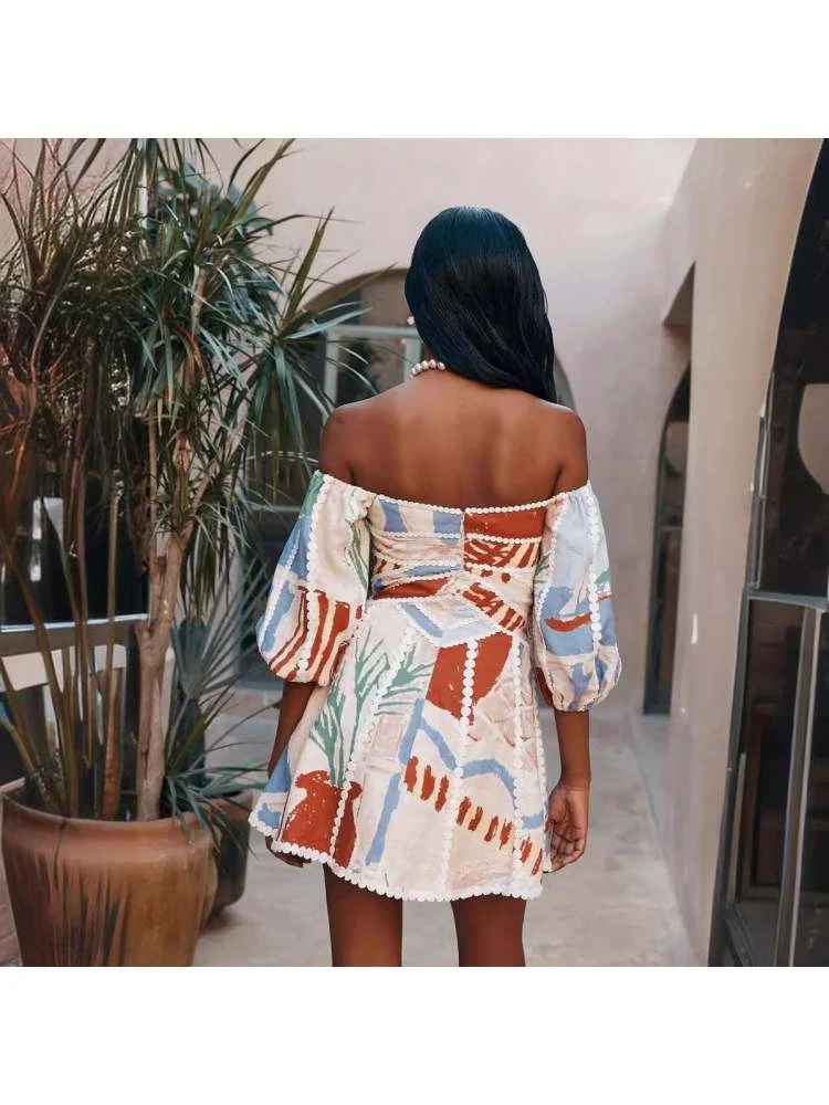 Colorblock Print Lacework Puff Sleeve A-line Dress 6 Colorblock Print Lacework Puff Sleeve A-line Dress - Image 4