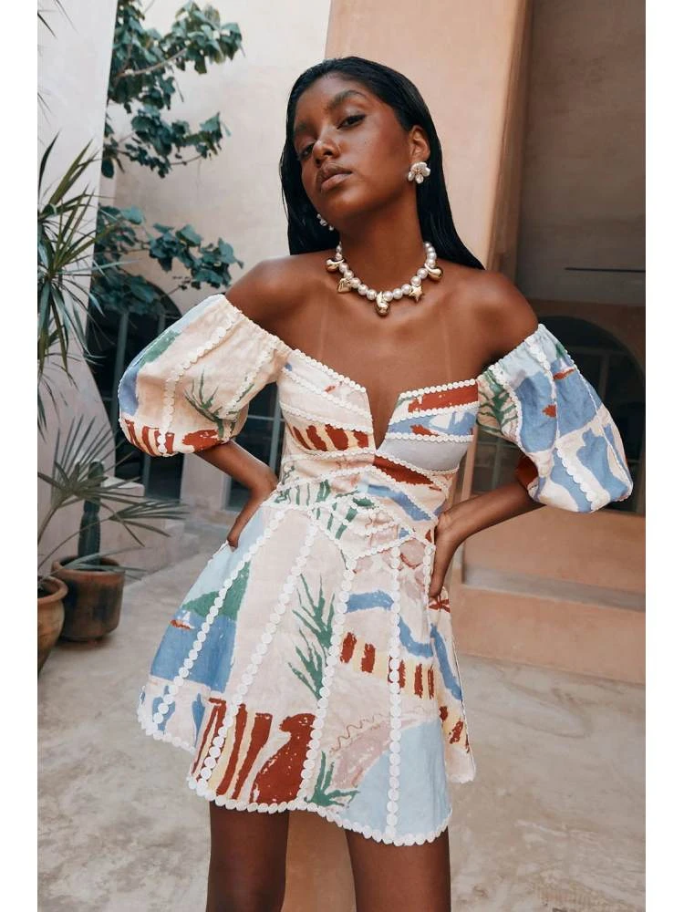 Colorblock Print Lacework Puff Sleeve A-line Dress 7 Colorblock Print Lacework Puff Sleeve A-line Dress - Image 5