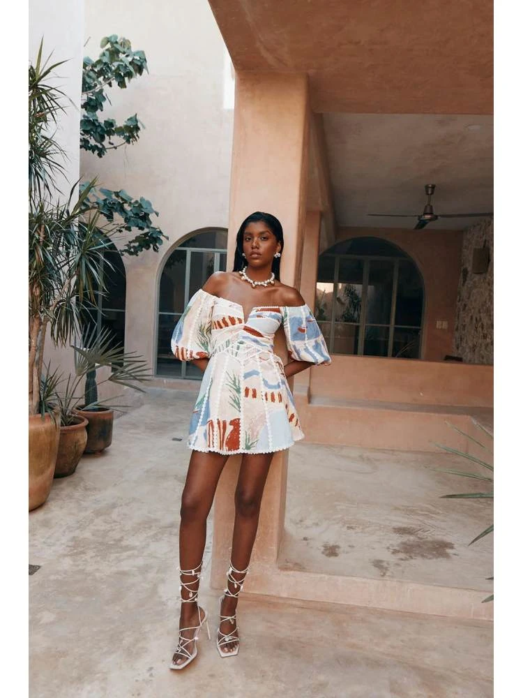 Colorblock Print Lacework Puff Sleeve A-line Dress 8 Colorblock Print Lacework Puff Sleeve A-line Dress - Image 6