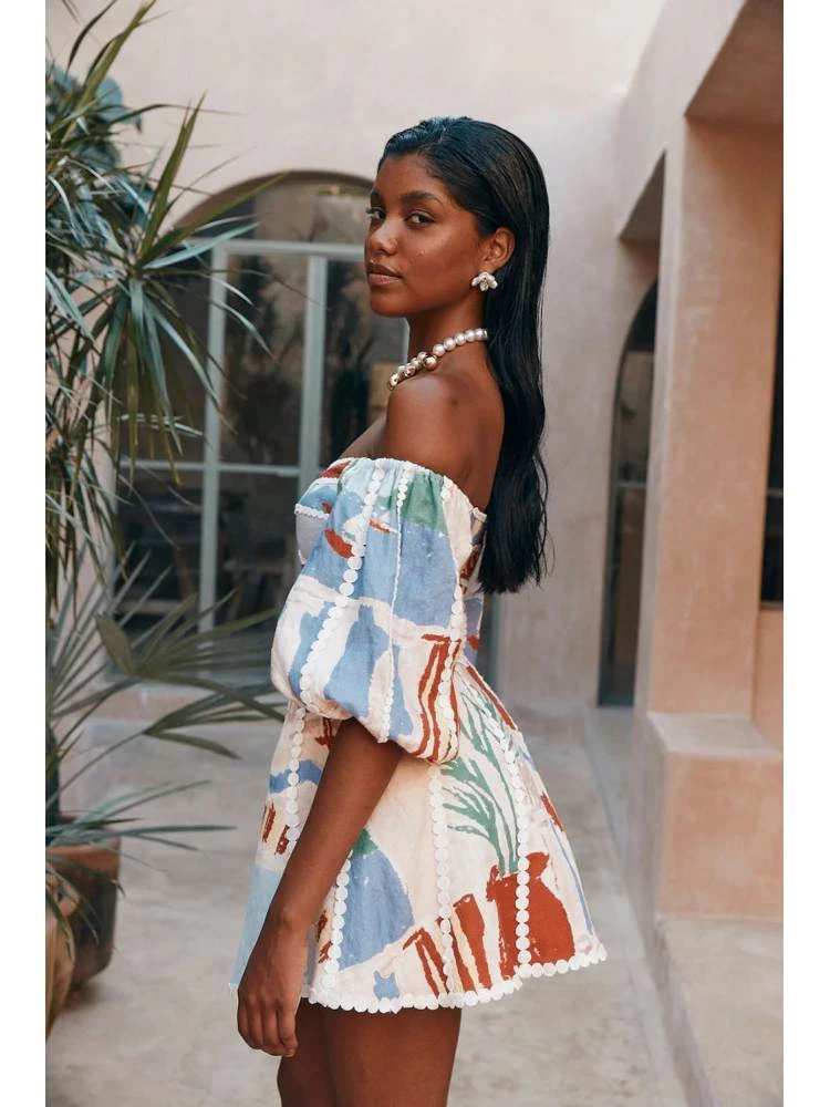 Colorblock Print Lacework Puff Sleeve A-line Dress 10 Colorblock Print Lacework Puff Sleeve A-line Dress - Image 8