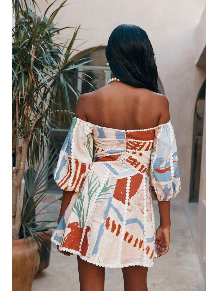 Colorblock Print Lacework Puff Sleeve A-line Dress 11 Colorblock Print Lacework Puff Sleeve A-line Dress - Image 9