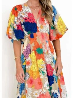 Floral Baggy A-line Short Sleeve Boho Dress -BreezeWear Store P 20240618175610532 916