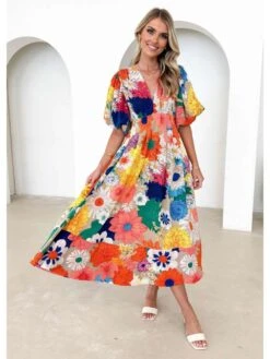 Floral Baggy A-line Short Sleeve Boho Dress -BreezeWear Store P 20240618175611177 454