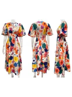 Floral Baggy A-line Short Sleeve Boho Dress -BreezeWear Store P 20240618175612302 582