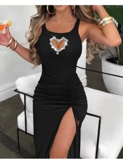 Disty Floral Printing Square Neck Fitted Sleeveless Dresses