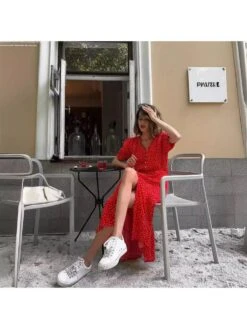 Polka Dots Split Hem Puff Sleeve A-line Midi Dress -BreezeWear Store P 20240620115225248 739