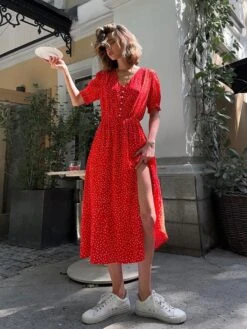 Polka Dots Split Hem Puff Sleeve A-line Midi Dress -BreezeWear Store P 20240620115225890 381