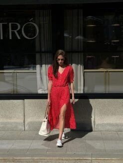 Polka Dots Split Hem Puff Sleeve A-line Midi Dress -BreezeWear Store P 20240620115227359 191