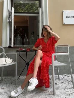 Polka Dots Split Hem Puff Sleeve A-line Midi Dress -BreezeWear Store P 20240620115228694 790