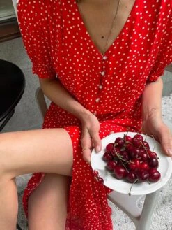 Polka Dots Split Hem Puff Sleeve A-line Midi Dress -BreezeWear Store P 20240620115229344 522