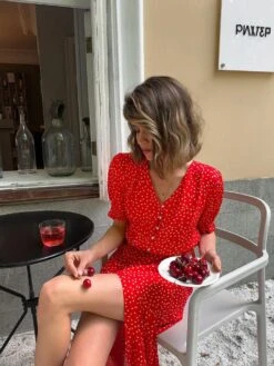 Polka Dots Split Hem Puff Sleeve A-line Midi Dress -BreezeWear Store P 20240620115230553 812