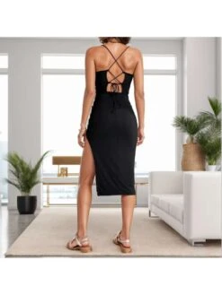 Solid Color Split Hem Backless Lace-Up Midi Dresses -BreezeWear Store P 20240621104004834 632