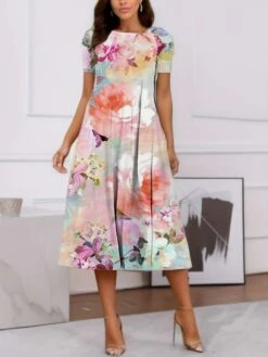 Floral A-line Short Sleeve Midi Dress -BreezeWear Store P 20240621110005188 873