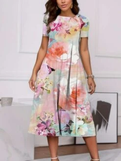 Floral A-line Short Sleeve Midi Dress -BreezeWear Store P 20240621110006642 741