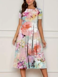 Floral A-line Short Sleeve Midi Dress -BreezeWear Store P 20240621110007282 777