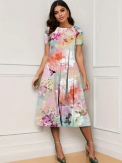 Floral A-line Short Sleeve Midi Dress -BreezeWear Store P 20240621110007908 599