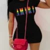 Letter Pattern Fitted Short Sleeve Mini Dress