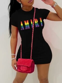 Letter Pattern Fitted Short Sleeve Mini Dress