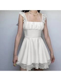 Patchwork Ruched Lace Square Neck Dress -BreezeWear Store P 20240622124404071 358