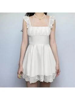 Patchwork Ruched Lace Square Neck Dress -BreezeWear Store P 20240622124404503 382