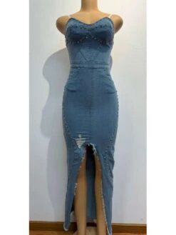 Denim Fuzzy Trim Embellished Maxi Dress -BreezeWear Store P 20240624112411507 417