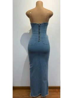 Denim Fuzzy Trim Embellished Maxi Dress -BreezeWear Store P 20240624112412112 602