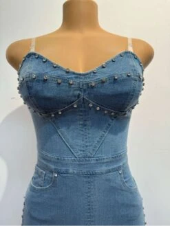 Denim Fuzzy Trim Embellished Maxi Dress -BreezeWear Store P 20240624112413220 740